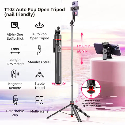 FANGTUOSI 2025 new 1.75M All In One Expandable Portable Phone Tripod Selfie Stick With Detachable BT Wireless Remote Compatible
