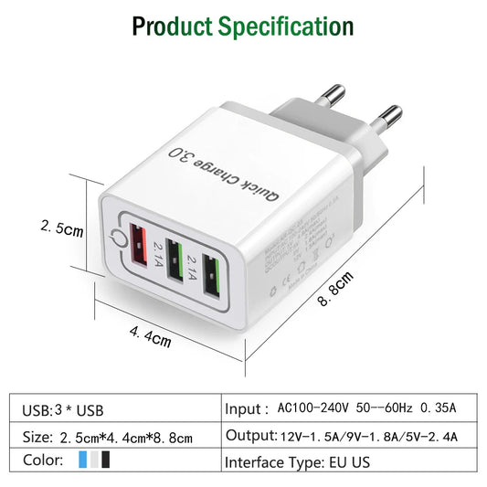 Fast 3 USB Charger Quick Charge 3.0 Fast USB Wall Charger Portable Mobile Charger QC 3.0 Adapter for Xiaomi iPhone X EU US Plug