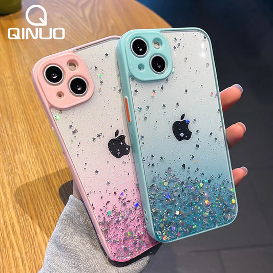 Gradient Bling Glitter Sequins Clear Phone Case For iPhone 16 15 14 Plus 11 12 13 Pro Max XS X XR Shockproof Transparent Cover