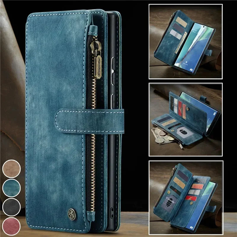 Leather Wallet Card Phone Case For Samsung Galaxy S25 Edge S24 FE S23 Ultra S22 Plus S21 S20 Note20 A56 A54 Zip Flip Stand Cover