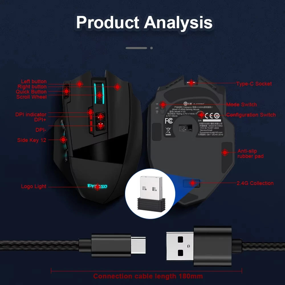 E-YOOSO RGB USB 2.4G Wired Gaming Mouse X-33 16000DPI 18 Buttons Programmable Backlight Game Mice Suitable for Desktop Laptop PC