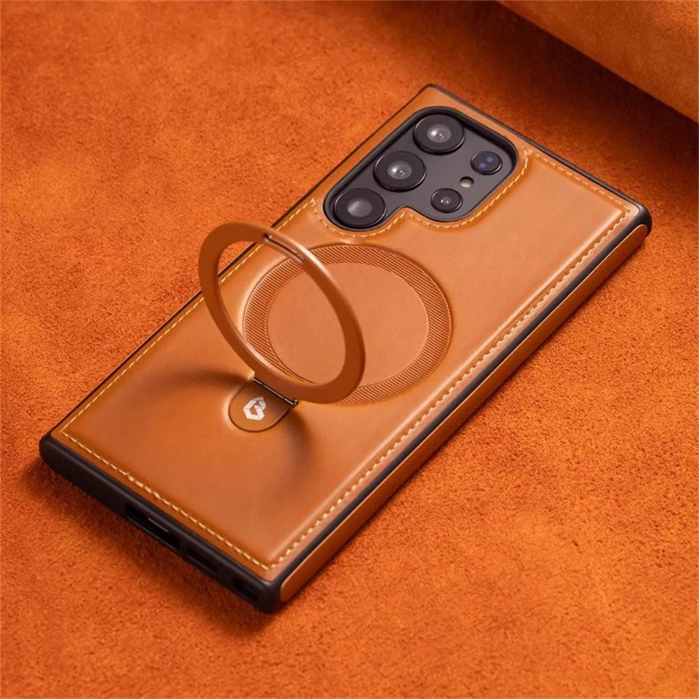 Business Retro Leather Holder Magnetic Case For Samsung Galaxy S25 S24 Ultra S23 S22 Plus A15 Wireless Charge Shockproof Cover