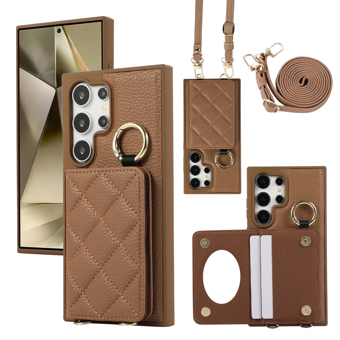 Crossbody Leather Phone Case for Samsung Galaxy S25 Ultra S24 FE S23 S22 Plus Mirror Wallet with Card Holder Protective Cover
