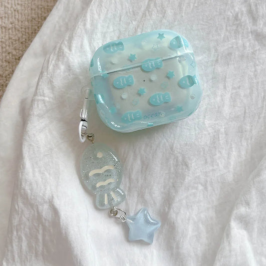 Case For AirPods 4 2 3 Pro 2 EarBuds Blue Fish Star Fresh Earphone funda with Keyring For AirPod 4 Pro2 Headset Bags Accessories