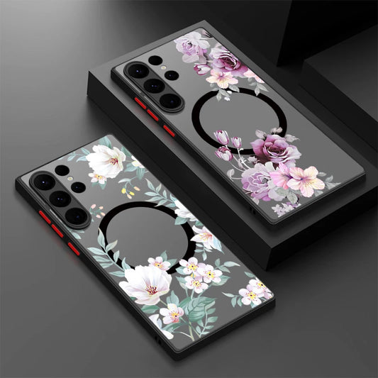 For Samsung Galaxy A14 A15 A55 A54 A56 A34 A25 S25 S24 S23 S22 Ultra Plus S21 FE Flowers Case Magnetic For Magsafe Matte Cover