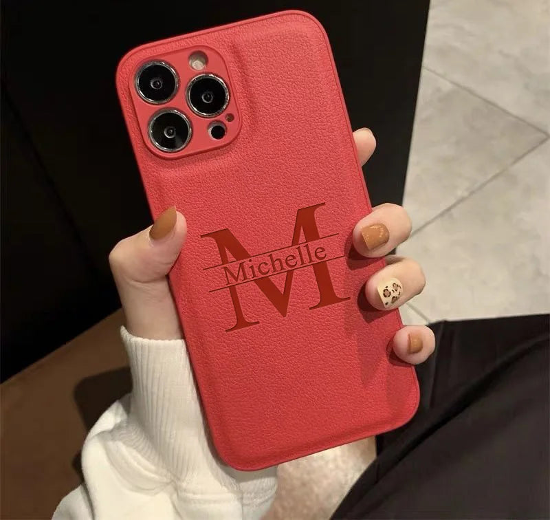 Personalized Customized Initials Name Case For iPhone 16 15 14 13 12 11 Pro Max Plus Big Letter Laser Engraving Leather Cover