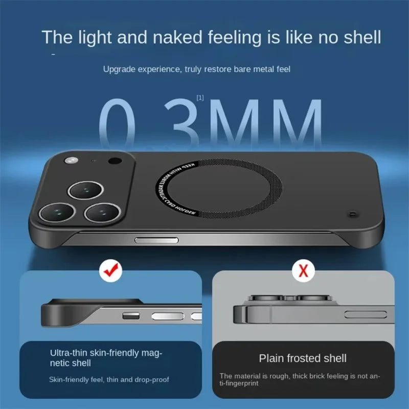 Ultra Thin Hard PC Magnetic Frameless Phone Case For Magsafe For iPhone 17 Air 16 15 14 13 Pro Max Plus Matte Color Solid Cover