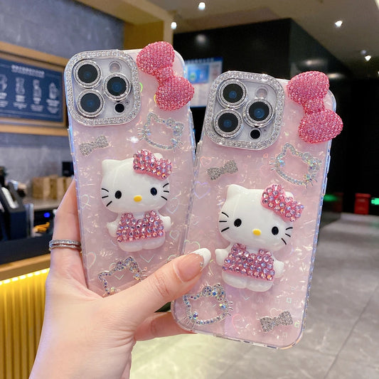 Cute Cartoon Sanrio Hello Kitty Bling Glitter 3D Stereoscopic Phone Case For iPhone 17 16 15 14 13 12 Pro Max Cases Hard Cover