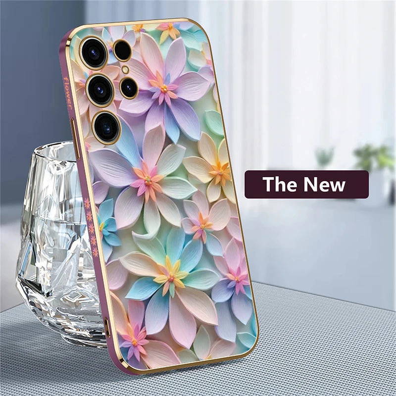 S25 Ultra Soft Silicone Case For Samsung Galaxy S22 S21 S25 Plus S24 FE S24 Plus Shockproof Flower Pattern Plating Cover
