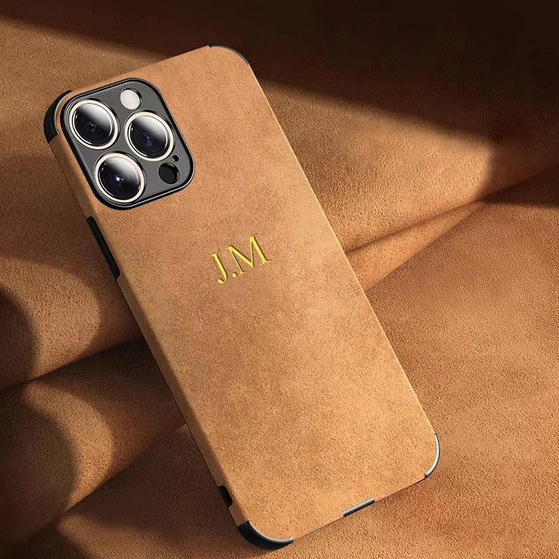 Personalized Initials Customized Name Case For iPhone 16 15 14 13 12 Pro Max Luxury suede Leather DIY Engraved Cover 11 Pro Max