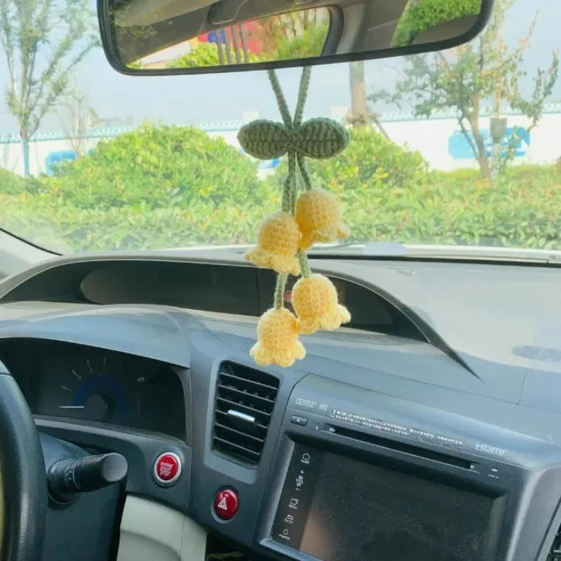 Lily Handmade Crochet Car Pendant Decoration Bluebell Flower Rearview Mirror of The Car Hanging Keychain Accessories Woman Gift