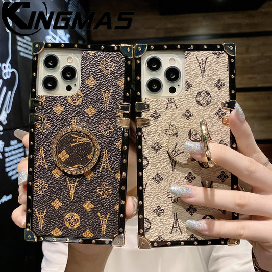 Luxury Fashion Glitter Ring Leather Phone Case For Iphone 6 7 8 11 12 13 14 15 16 Plus Pro MAX X XS XR Holder Shockproof Cover