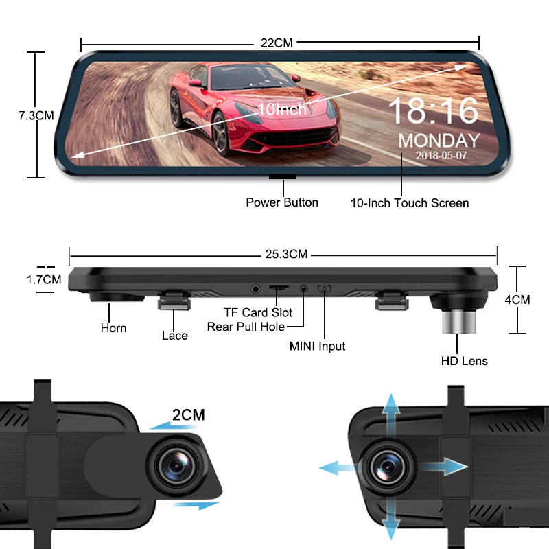 10 Inch Car DVR Car Touch Screen video Recorder Dual 1080P Rearview Mirror Front and Rear HD Night Vision Camera Mirror