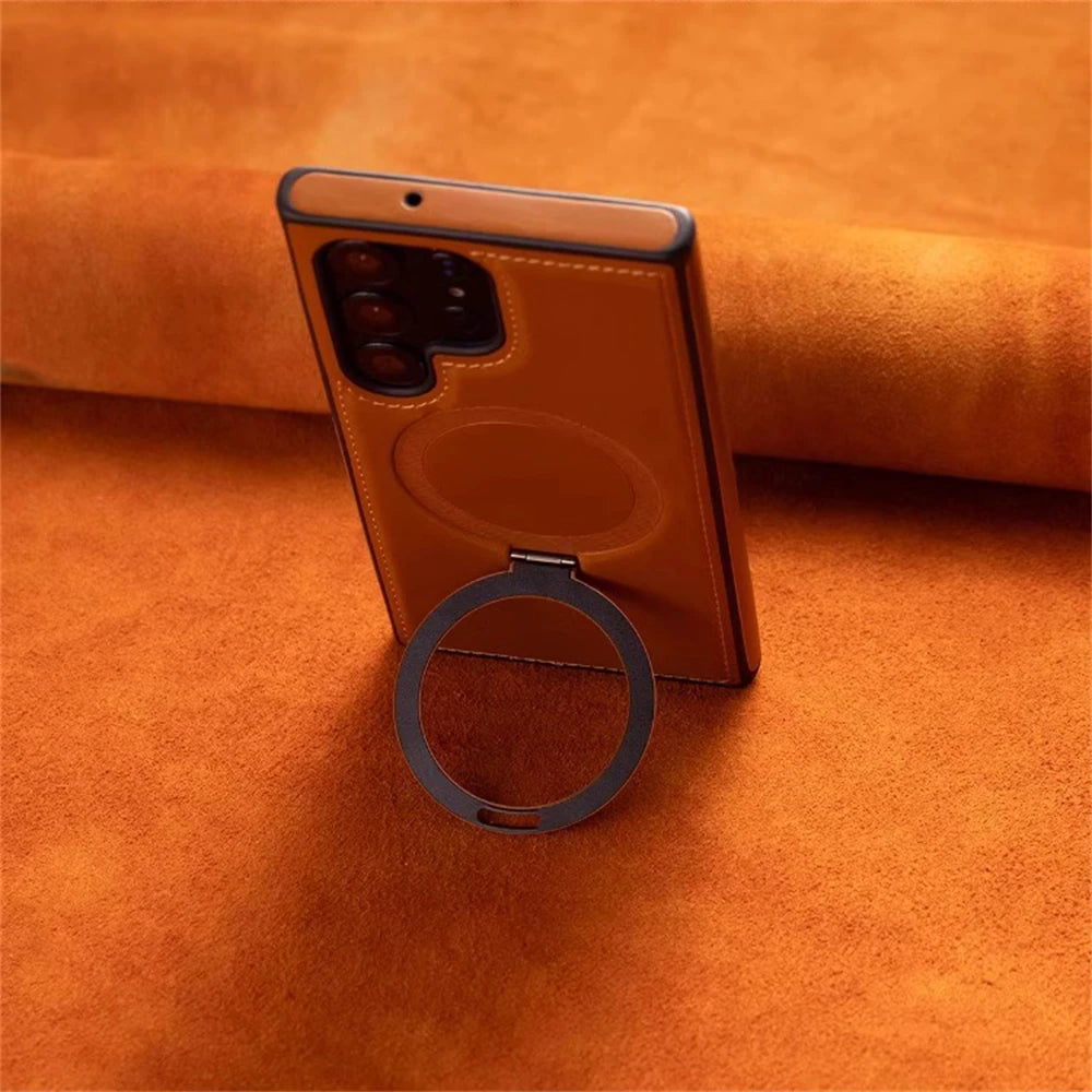 Business Retro Leather Holder Magnetic Case For Samsung Galaxy S25 S24 Ultra S23 S22 Plus A15 Wireless Charge Shockproof Cover