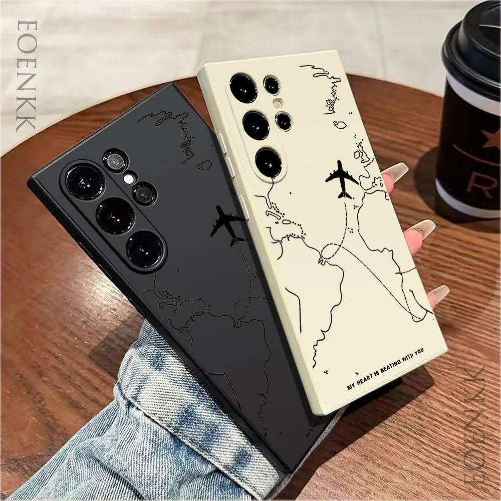 Silica gel Phone Case For Samsung Galaxy S25 S24 Ultra S23 S22 S21 S20 Ultra FE Plus Note 10 20 Lite Airplane Route Desian Cover