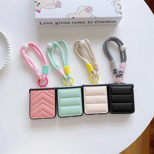 Down Jacket Style PU Leather Cover Wrist Strap Bracelet For Samsung Galaxy Z Flip 7 6 5 4 3 5G Hard Hinge Protective Phone Case