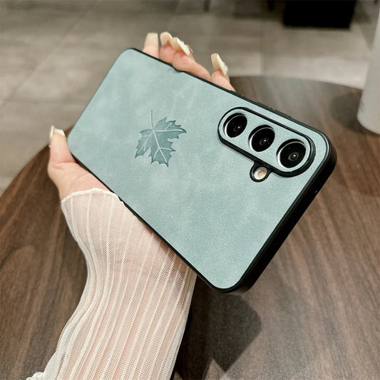 Luxury Lambskin Leather Maple Leaves Case for Samsung S25 S24 S23 S22 S21 Plus Ultra FE A55 A54 A53 A35 A34 A25 A24 A23 A15 A14