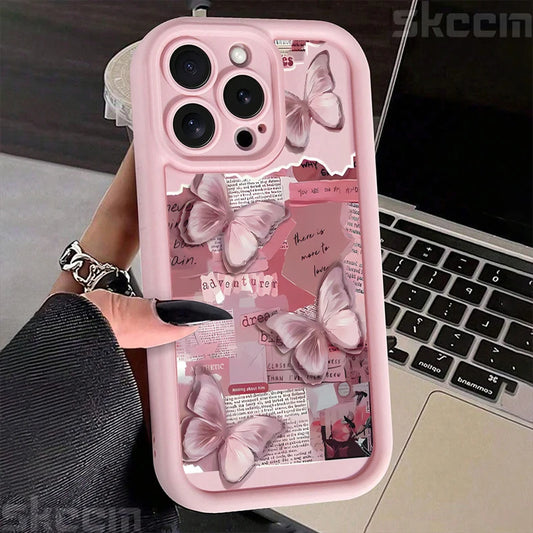 Pink Cute Butterfly Silicone Soft Phone Case For iPhone 16 16E 15 14 13 12 11 Pro Max XS XR X 7 8 Plus Shockproof Candy Cover