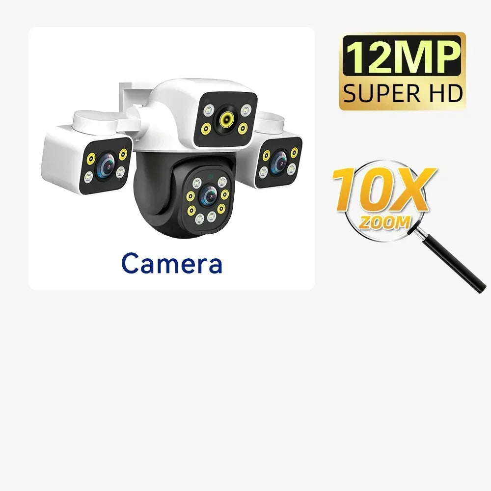 6K 12MP Outdoor WiFi Camera Three Screen Three Lens 10X Zoom PTZ Automatic Tracking Audible Visual Alarm Security Cam
