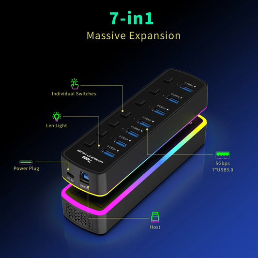 RGB USB 3.0 Hub 7 Ports Data Port Adapter 5Gbps High Speed Individual On/Off Switch Splitter USB Extension Docking Station