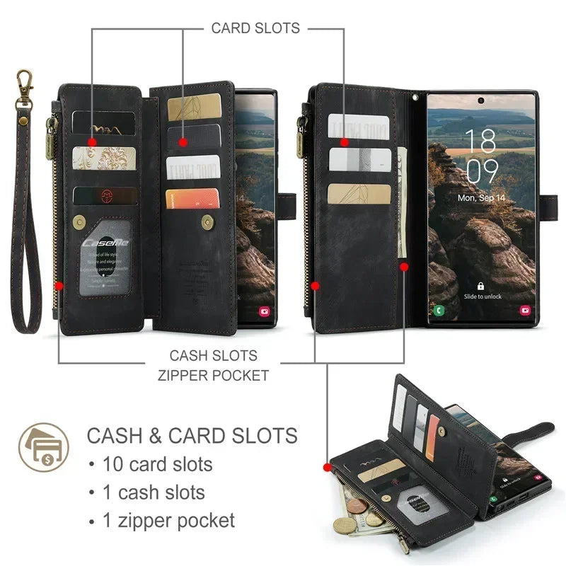 Leather Wallet Card Phone Case For Samsung Galaxy S25 Edge S24 FE S23 Ultra S22 Plus S21 S20 Note20 A56 A54 Zip Flip Stand Cover