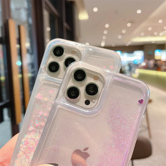 Luxury Love Heart Liquid Glitter Case For iPhone 16 15 13 Mini 14 12 11 Pro XS Max XR X 8 7 Plus Quicksand Clear Bumper Cover