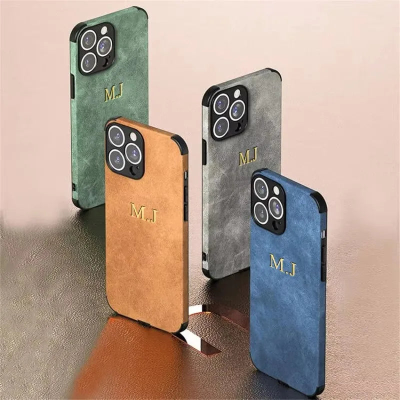 Personalized Initials Customized Name Case For iPhone 16 15 14 13 12 Pro Max Luxury suede Leather DIY Engraved Cover 11 Pro Max