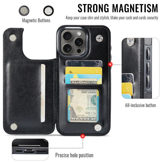 For iPhone 16 15 14 Plus 13 12 Mini 11 Pro Max PU Leather Case Kickstand Card Holder, Double Magnetic Clasp and Durable Shockpro