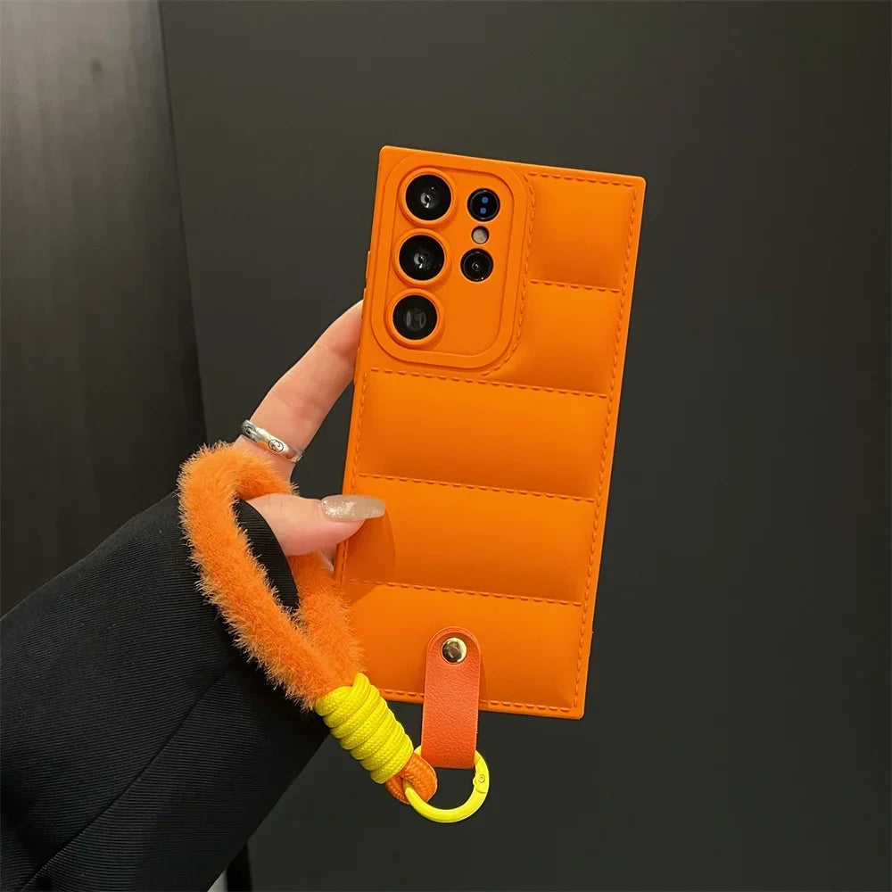 Fashion Down Jacket Lanyard Case for Samsung Galaxy S24 S23 S25 Ultra S22 Plus S21 S20 FE A54 A55 A15 A34 Hand Wrist Strap Cover