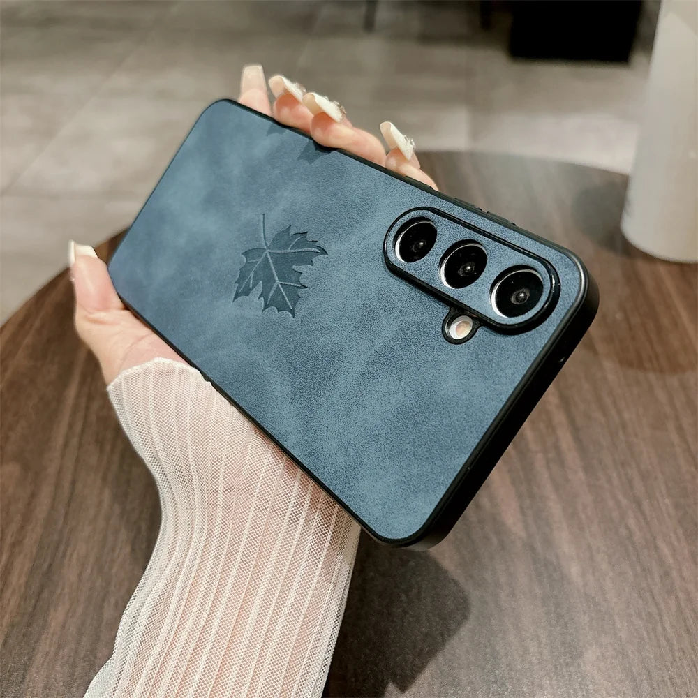 Luxury Lambskin Leather Maple Leaves Case for Samsung S25 S24 S23 S22 S21 Plus Ultra FE A55 A54 A53 A35 A34 A25 A24 A23 A15 A14