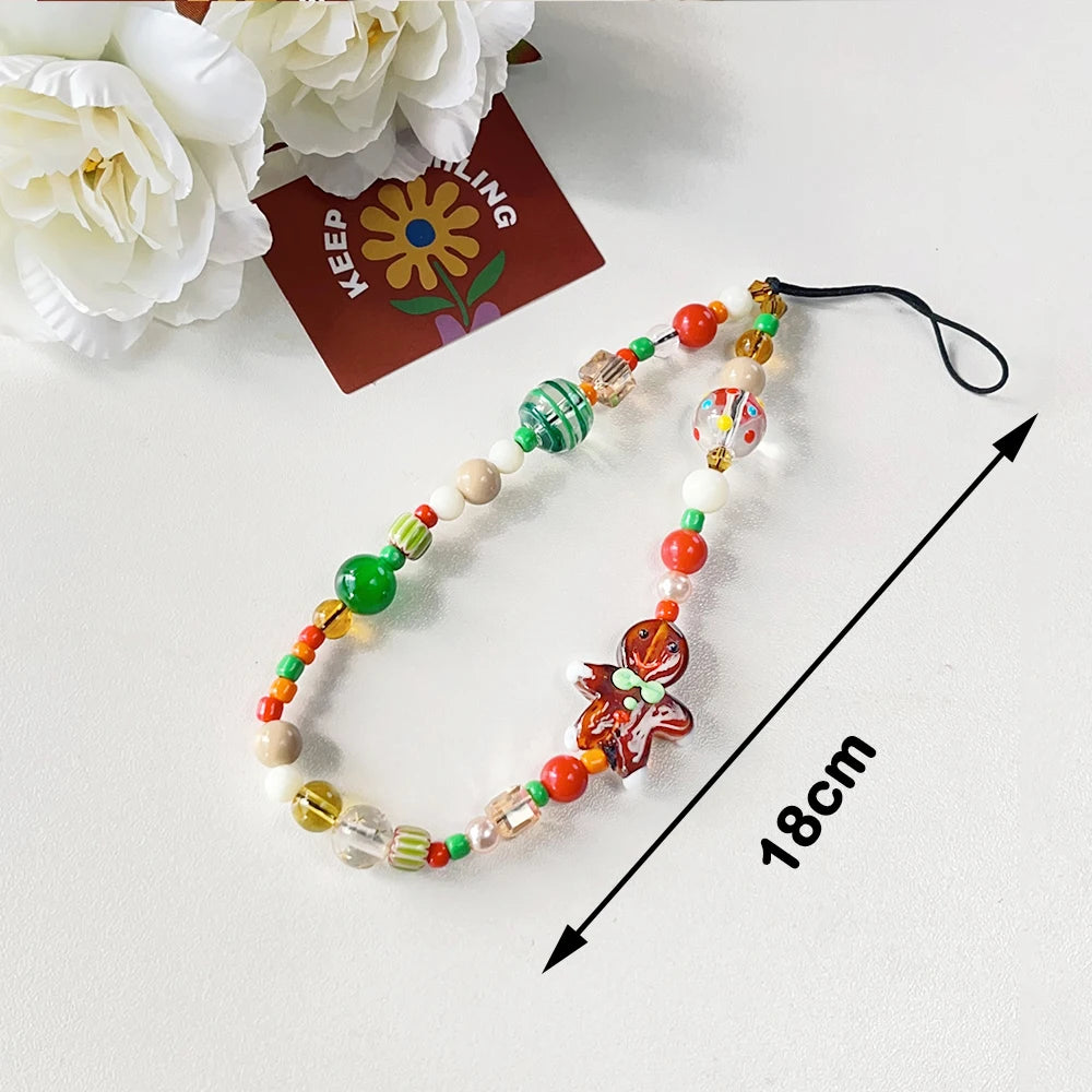 Korean 3D Cute Cartoon christmas ornaments Gingerbread man Beaded Phone Chain Lanyard Charm Keychain For iPhone Anti-Lost Chain