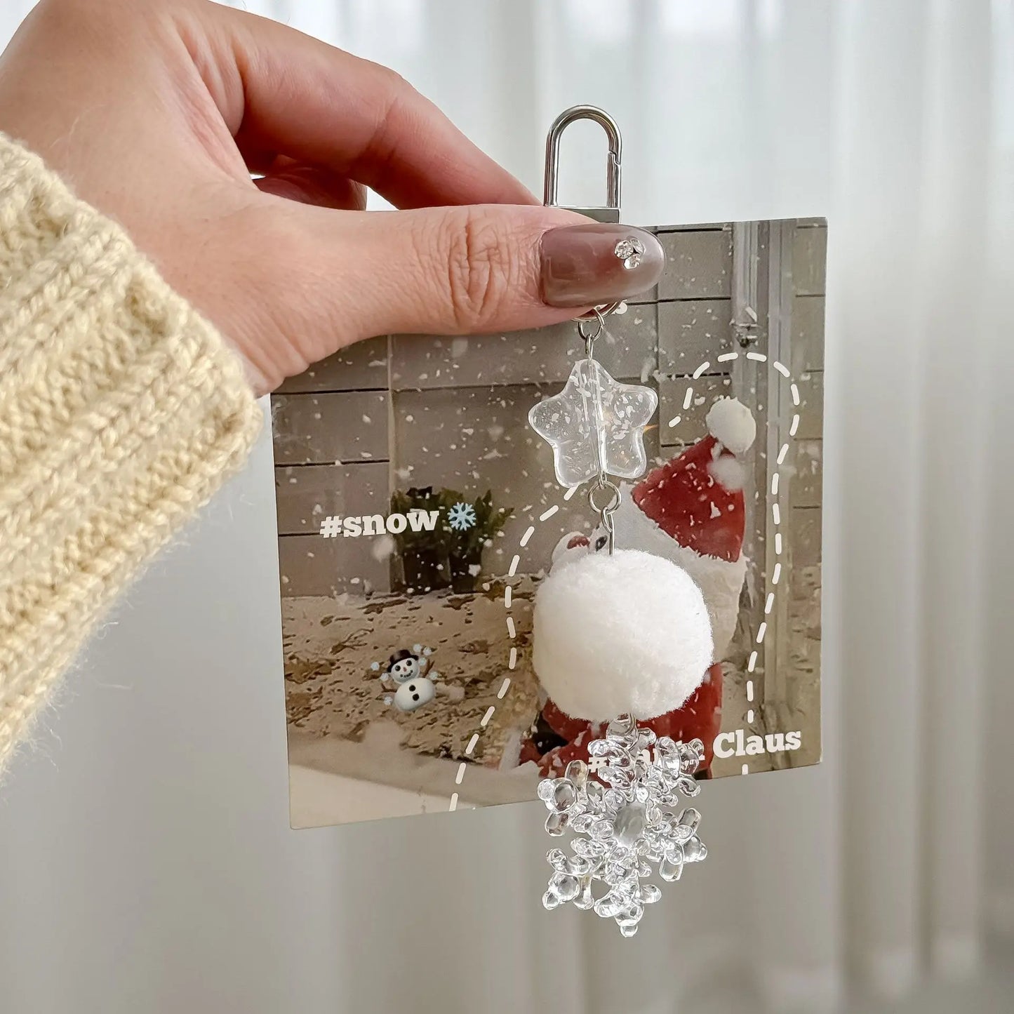 Christmas Mobile Phone Straps Clear Snowflower Fur Ball Keychains Winter Bead Cellphone Lanyard Camera Schoolbag Decor Jewelry