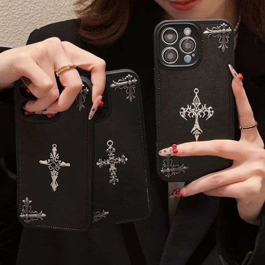 For IPhone 16 15 14 13 12 11 Pro Max Luxury Gothic High Grade Leather Phone Case Fashion Trends 3D Metal Cross Protection Cover
