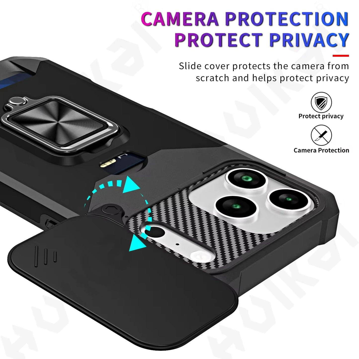 Case For iPhone 17 16 15 14 13 12 11  Pro Max XS Plus Slide Camera Card Holder Slot Duty Wallet Protective With Ring Stand Cover