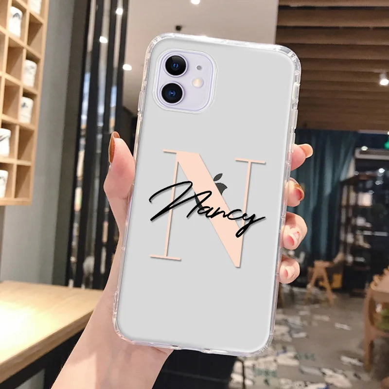 DIY Customi Name Letters Case For iPhone 16 15 14 13 12 11 Pro Max 7 8 SE 2020 2022 X XR XS Clear Soft TPU Silicone Cover Fundas