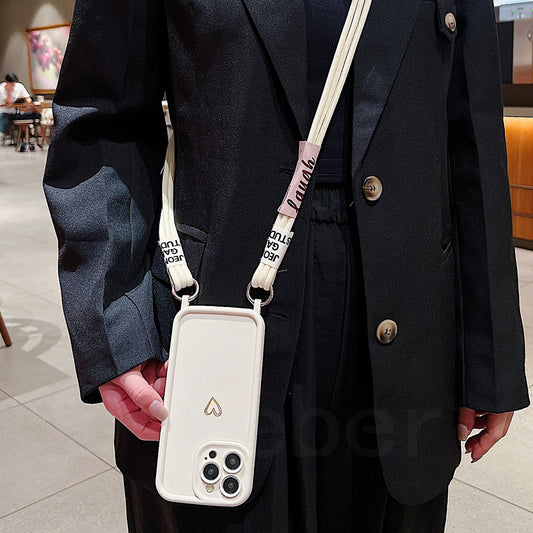 Cute Heart Crossbody Lanyard Liquid Silicone Soft Case For iPhone 16 15 Pro Max 14 13 12 11 XR XS X 8 Plus Necklace Strap Cover