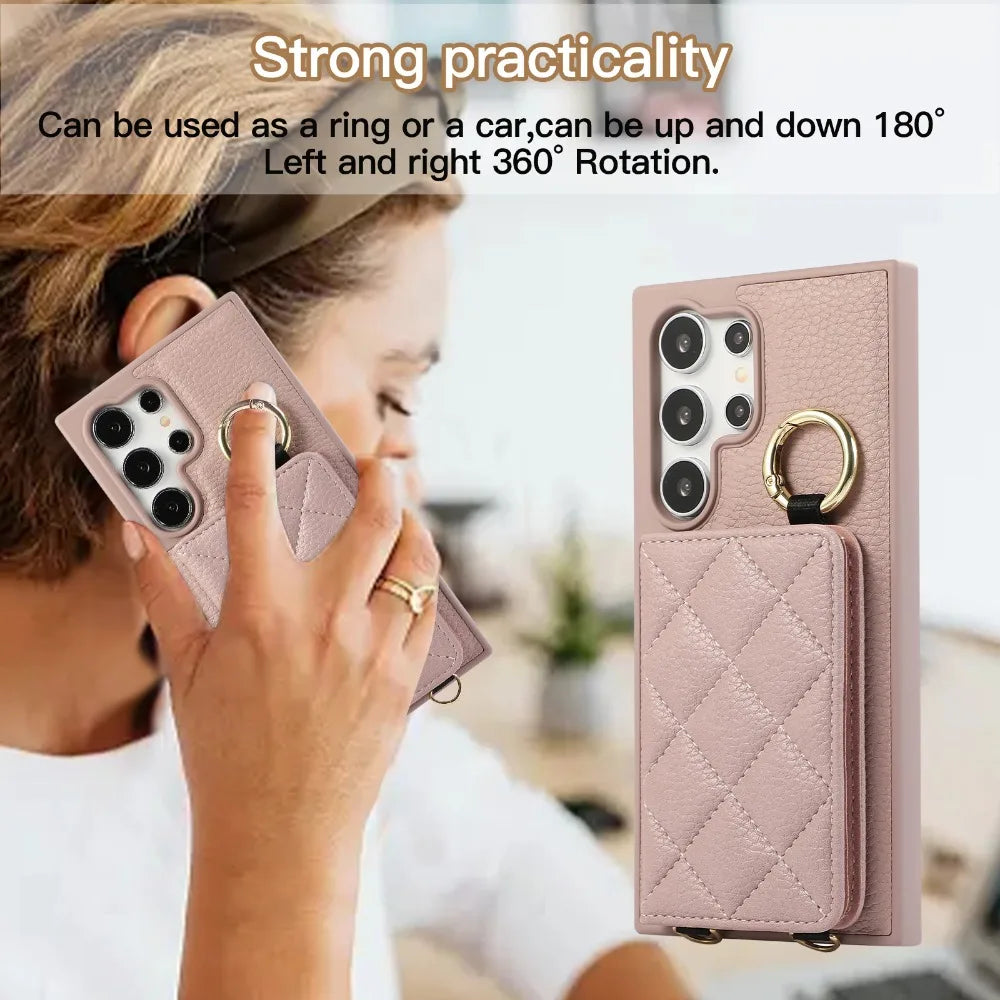 Crossbody Leather Phone Case for Samsung Galaxy S25 Ultra S24 FE S23 S22 Plus Mirror Wallet with Card Holder Protective Cover