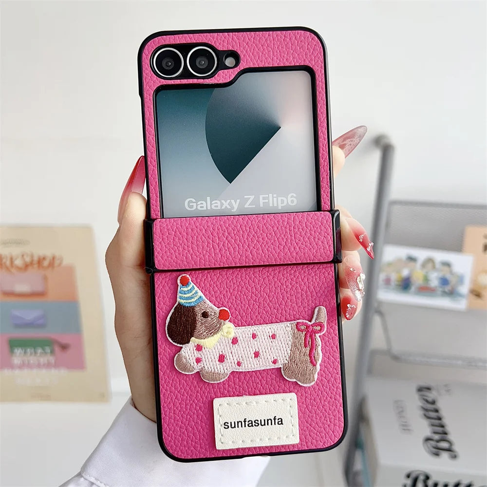 Cartoon PU Leather Shockproof Phone Case for Samsung Galaxy Z Flip 6 5 4 3 Flip6 Flip5 Flip4 Flip3 5G Hinge Protective Cover