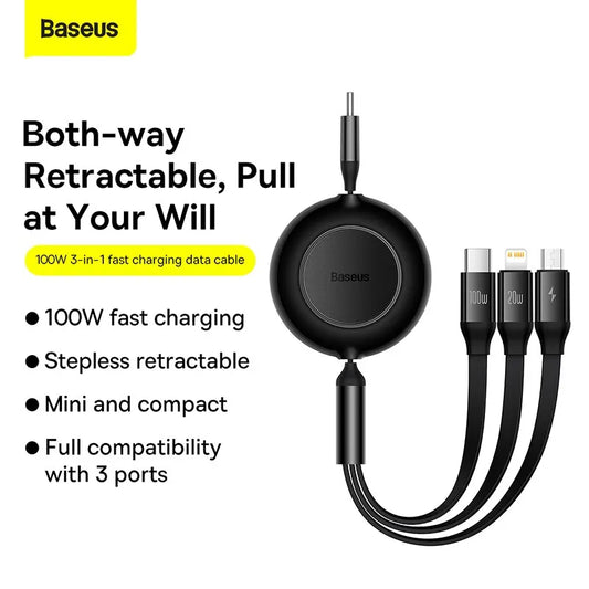 Baseus Retractable 100W 3 in 1 Fast USB Cable for Huawei/Honor Portable 3 in 1 Micro USB Type C Charger Cable For iPhone Samsung