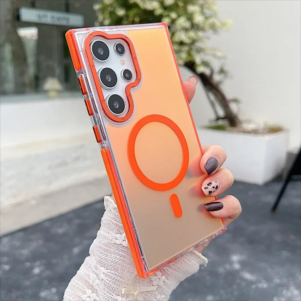 Metal Lens MagSafe Phone Case For Samsung Galaxy S25 S24 Ultra S23 Plus S22 S21 A53 A54 A55 Wireless Charging Discolour Cover