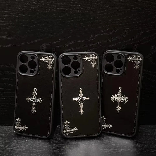 For IPhone 16 15 14 13 12 11 Pro Max Luxury Gothic High Grade Leather Phone Case Fashion Trends 3D Metal Cross Protection Cover