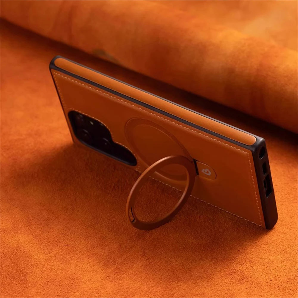 Business Retro Leather Holder Magnetic Case For Samsung Galaxy S25 S24 Ultra S23 S22 Plus A15 Wireless Charge Shockproof Cover