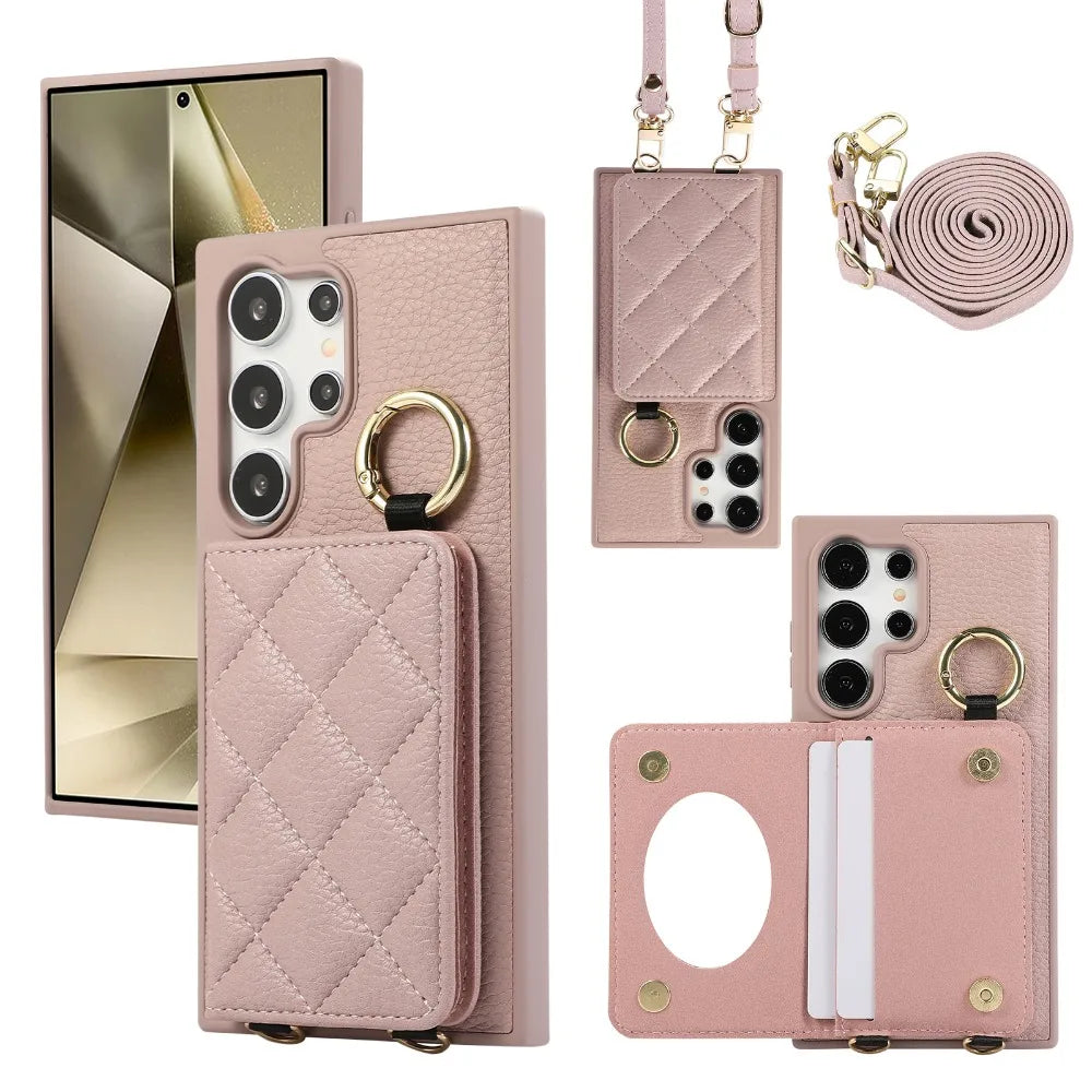 Crossbody Leather Phone Case for Samsung Galaxy S25 Ultra S24 FE S23 S22 Plus Mirror Wallet with Card Holder Protective Cover
