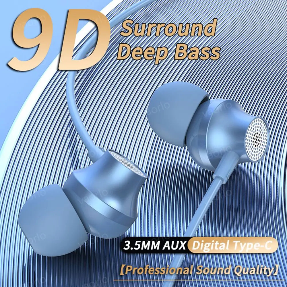 9D HIFI Heavy Bass Metal Wired Earphone Digital Type-C/3.5mm AUX With Mic In-Ear Earbuds Sport Music Headset For Samsung Android