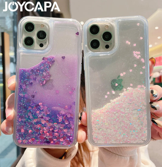Luxury Love Heart Liquid Glitter Case For iPhone 16 15 13 Mini 14 12 11 Pro XS Max XR X 8 7 Plus Quicksand Clear Bumper Cover