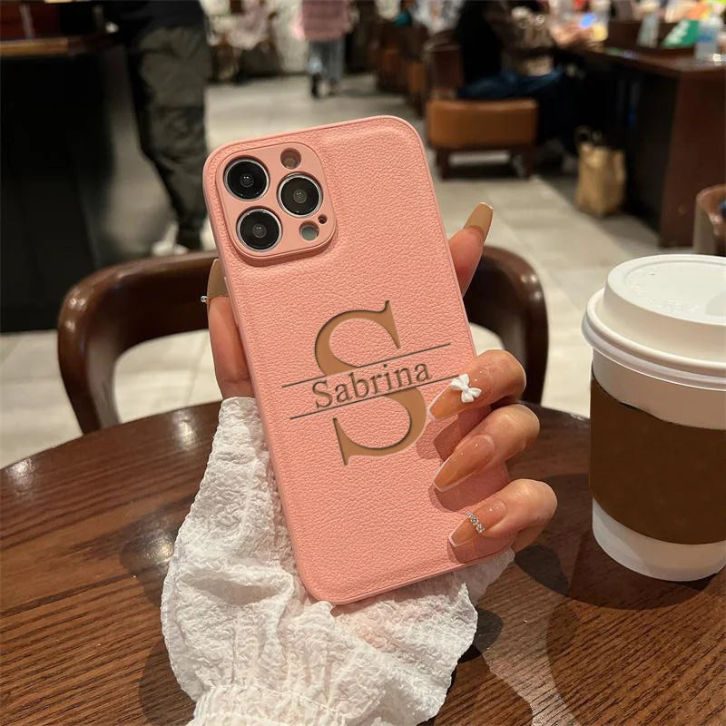 Personalized Customized Initials Name Case For iPhone 16 15 14 13 12 11 Pro Max Plus Big Letter Laser Engraving Leather Cover