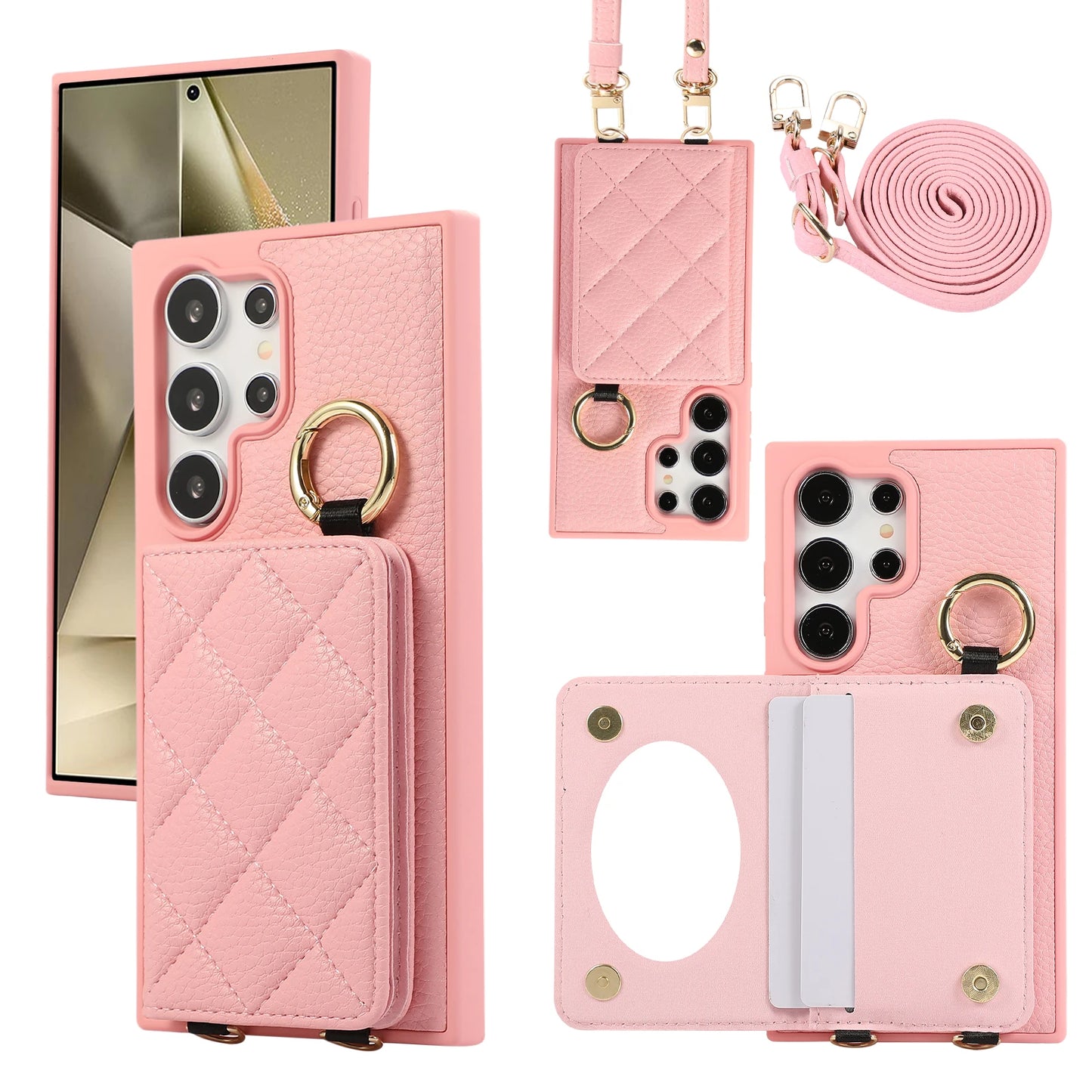 Crossbody Leather Phone Case for Samsung Galaxy S25 Ultra S24 FE S23 S22 Plus Mirror Wallet with Card Holder Protective Cover