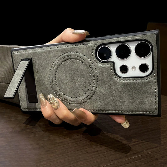 Luxury Leather Magnetic Fold Stand Holder Case For Samsung S25 S24 Ultra S23 Plus S22 Wireless Charging Shockproof Soft Cover