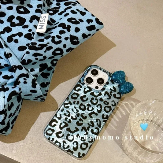 Colorful Leopard Blink Diamond Bowknot Lustre Lining Phone Case for iPhone 16 15 14 Plus 13 Mini 12 Pro Max 11 7 8 SE X XS XR
