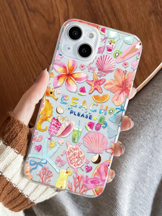 Tropical Summer Beach Clear Case for iPhone 16 12 13 mini 11 14 15 Pro Max XR 8 Plus Seashell Hibiscus Fruit Soft Silicone Cover